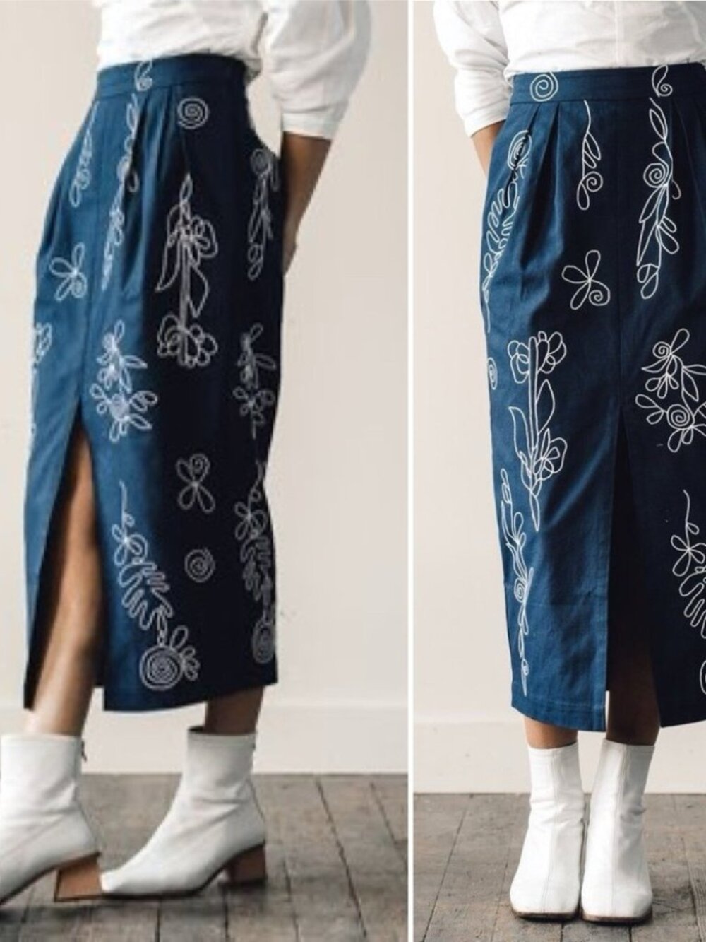 Mara Hoffman Florence Navy floral embroidered pencil skirt size 0 Organic Cotton